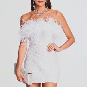 Retrofete RONIT Pearl Feather Mini Strapless Dress - Size Medium